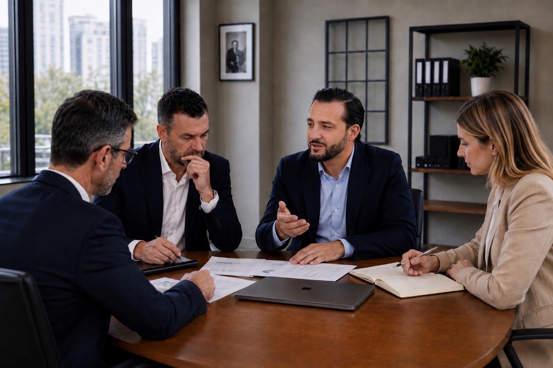Professionisti analizzano documenti durante una consulenza relativa a un pignoramento immobiliare.