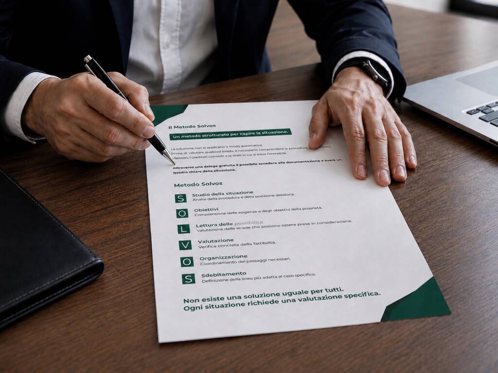 Consulente analizza un documento del Metodo Solvos per gestire un pignoramento immobiliare